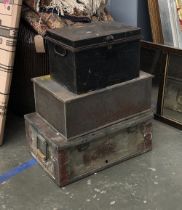 An ammunition box, 53cmW; a black painted deed box, 36cmW and one other (3)