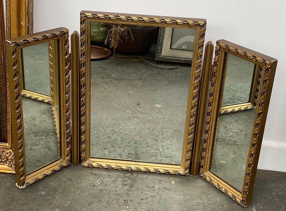 A three part gilt adjustable dressing mirror, 50cmH