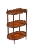 An early 20th century Edwardian mahogany and inlaid three tier etagere, 90cm high, 58cm wide, 40cm