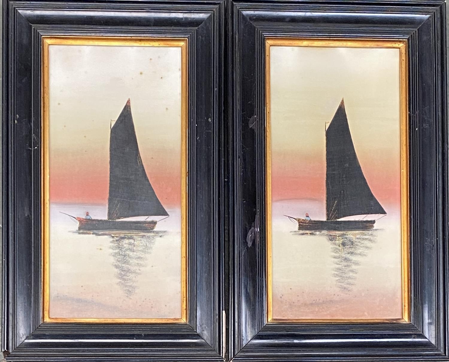Two 20th century mixed media pictures of boats at sunset, both 34x16cm