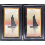 Two 20th century mixed media pictures of boats at sunset, both 34x16cm