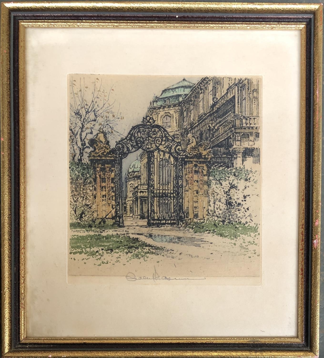 A coloured engraving of iron gates and neo-classical building, signed indistinctly in pencil,