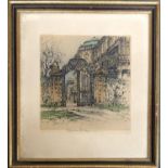 A coloured engraving of iron gates and neo-classical building, signed indistinctly in pencil,