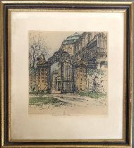 A coloured engraving of iron gates and neo-classical building, signed indistinctly in pencil,