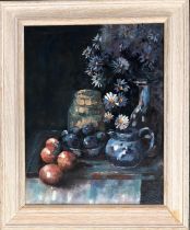 Derek Johnson, still life with plums and daisies, oil on board, signed and dated 1990, 44x34cm