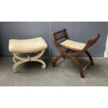 An Italian painted and parcel gilt cross frame upholstered stool, 56x44x42cmH; together with a