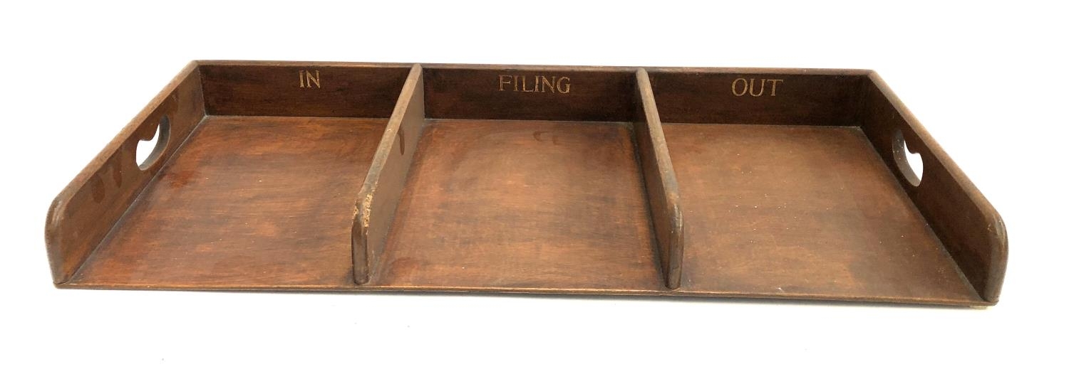 A mahogany desk tray, 'In, Filing, Out', 70.5x33x6.5cm; each section approx 31x21.5m