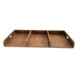 A mahogany desk tray, 'In, Filing, Out', 70.5x33x6.5cm; each section approx 31x21.5m