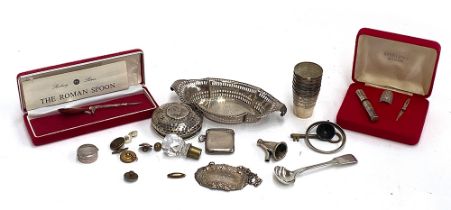 A small lot of silver and white metal items to include a pierced bonbon dish by Johnson, Durban & Co