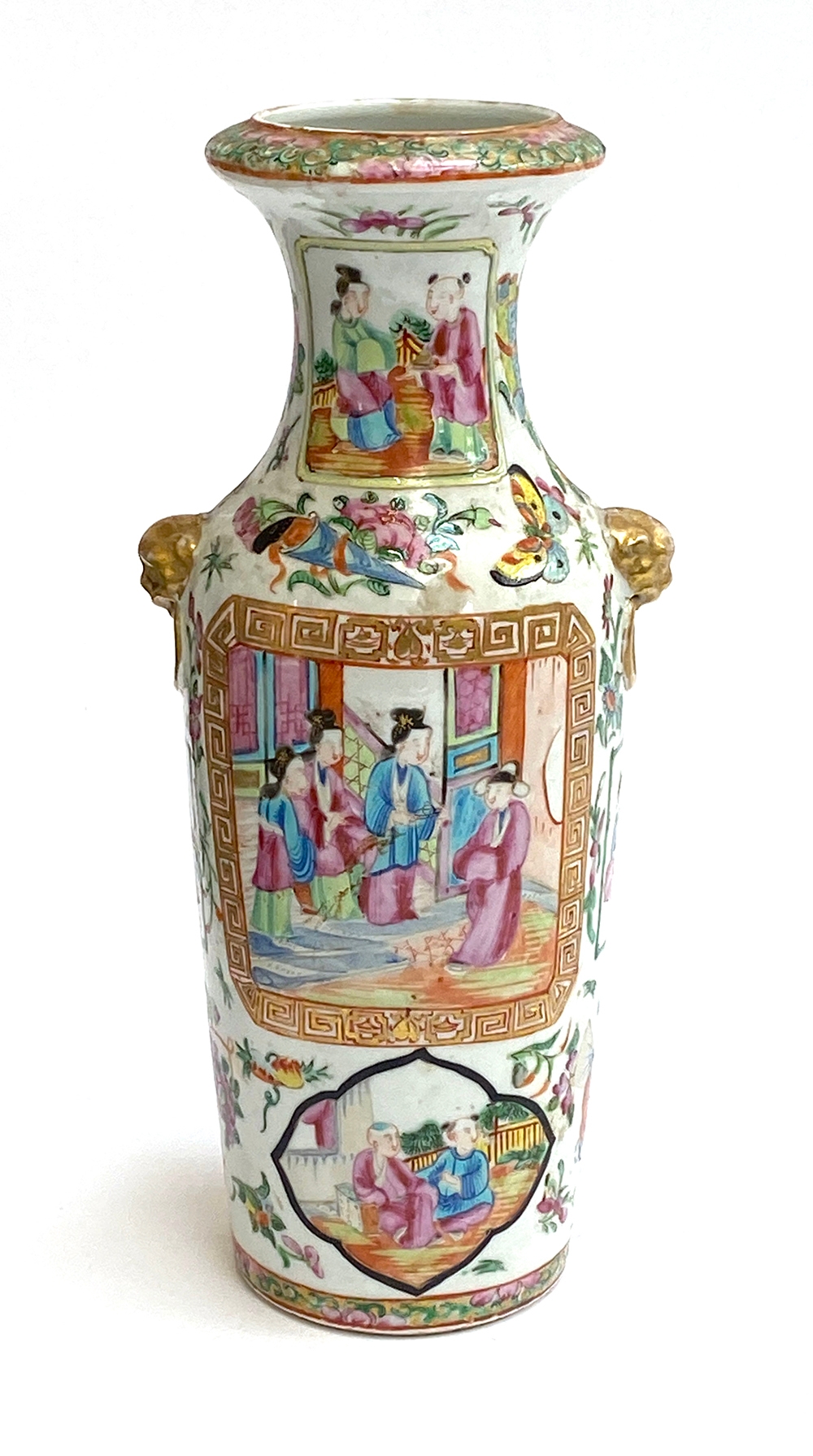 A late 19th century Chinese famille rose vase of baluster form with applied lion mask handles,