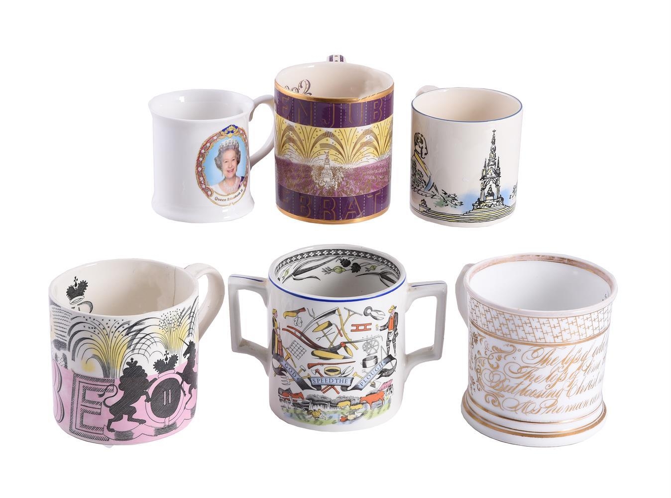 Six assorted commemorative mugs to include two for her late Majesty Queen Elizabeth II, the