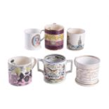 Six assorted commemorative mugs to include two for her late Majesty Queen Elizabeth II, the