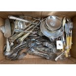 A mixed lot of plated flatware, stamp box, nutcracker etc