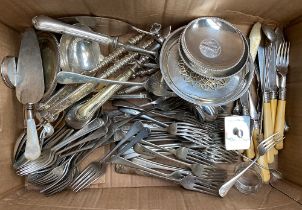 A mixed lot of plated flatware, stamp box, nutcracker etc