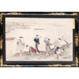 A Japanese woodblock print of women by a harbour, in a black lacquered frame, 21.5x34cm