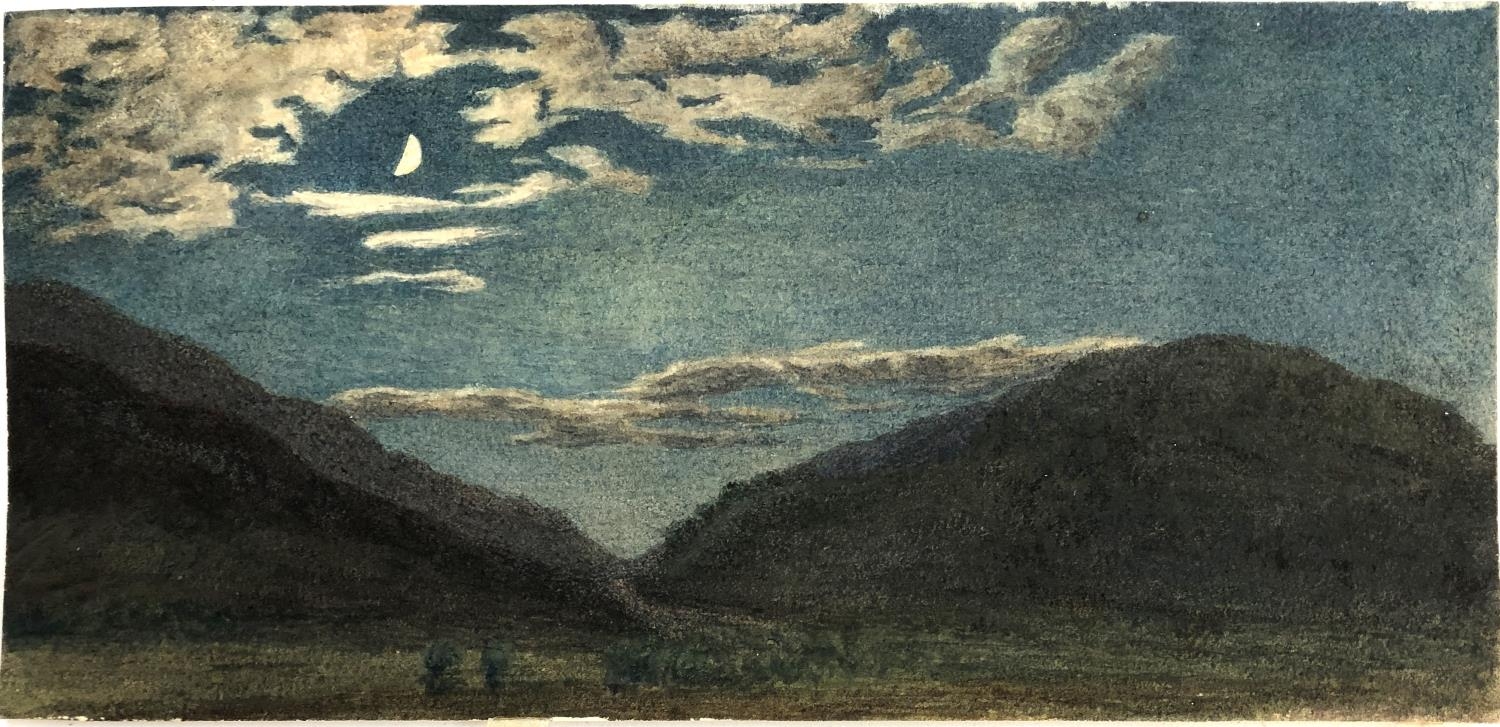 A small 19th century watercolour of moonlit mountains, 11.5x24cm
