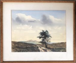 20th century watercolour of tree and moorland, 26.5x35cm