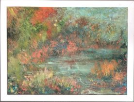 20th century mixed media on paper, abstract study of a pond, 55x75cm