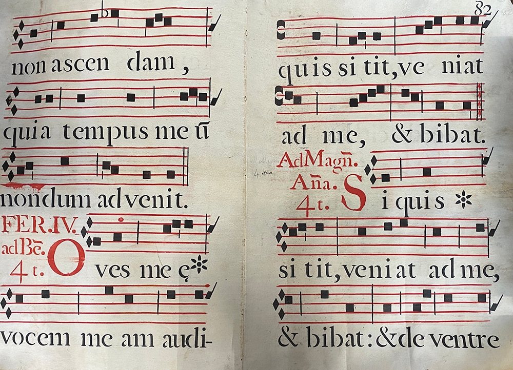 A double sided sheet from a medieval Antiphonary, vellum, approx. 62x90cm