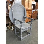 A grey painted monks bench/table, circular hinged top 81cmD