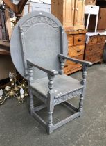 A grey painted monks bench/table, circular hinged top 81cmD