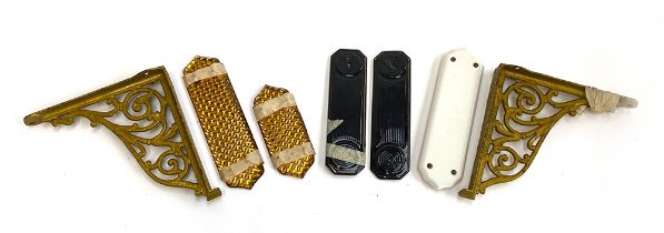 Five door plates to include faceted mirrored back amber glass door plates, etc, together with two