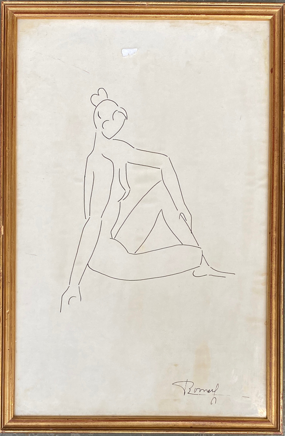 Pen and ink line drawing of a seated nude, signed Bonneuf(?), 41x26cm