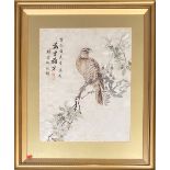 A Chinese silk embroidery of an eagle on a branch, 43x35cm