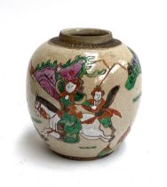 A Chinese crackle glazed famille verte ginger jar, character marks to base, 17cmH