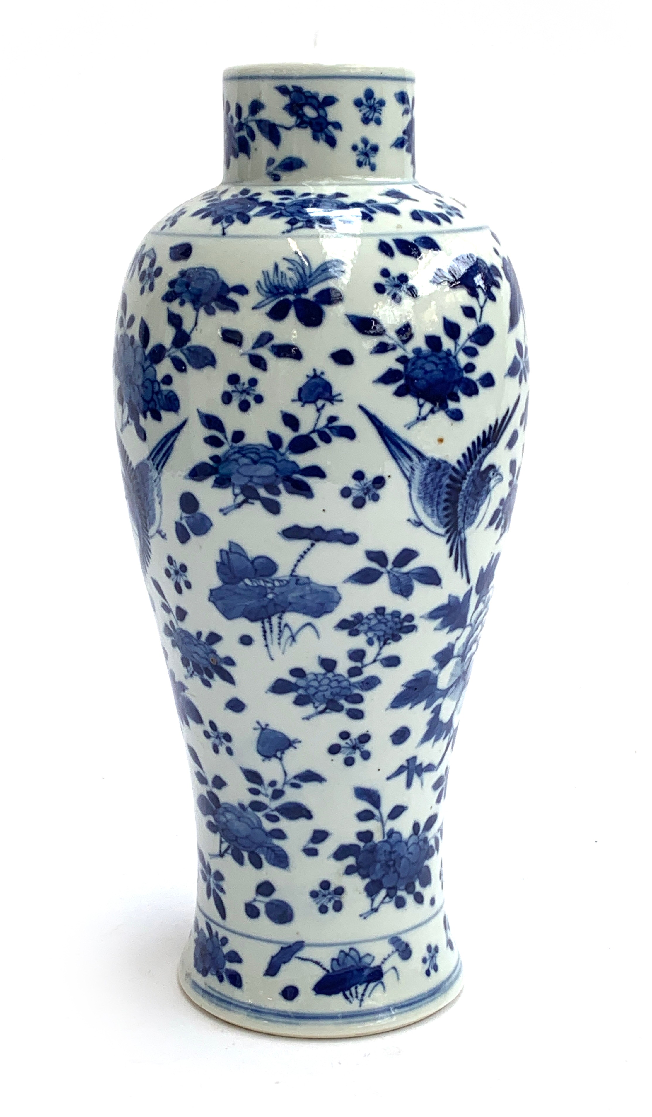 A Chinese blue and white vase of baluster form, decorated with birds amongst foliage, marks to base, - Image 2 of 4