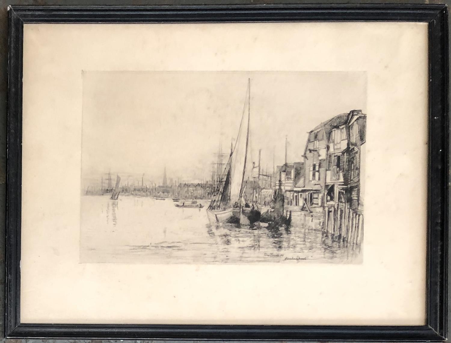 Percy Thomas, 'Limehouse Reach', drypoint etching, signed and dated 1889 within the plate, 16x24cm