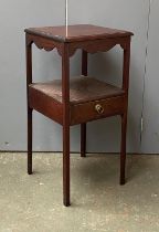 A George III and later square mahogany wash stand with undershelf and drawer, 37x36x76cmH