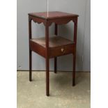 A George III and later square mahogany wash stand with undershelf and drawer, 37x36x76cmH