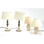 A pair of resin and gilt metal table lamps, 46cmH to top of shades; together with a pair of small