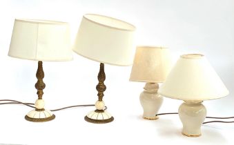 A pair of resin and gilt metal table lamps, 46cmH to top of shades; together with a pair of small