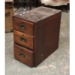 A mahogany pedestal of three drawers, with campaign handles, 31x51x51cmH
