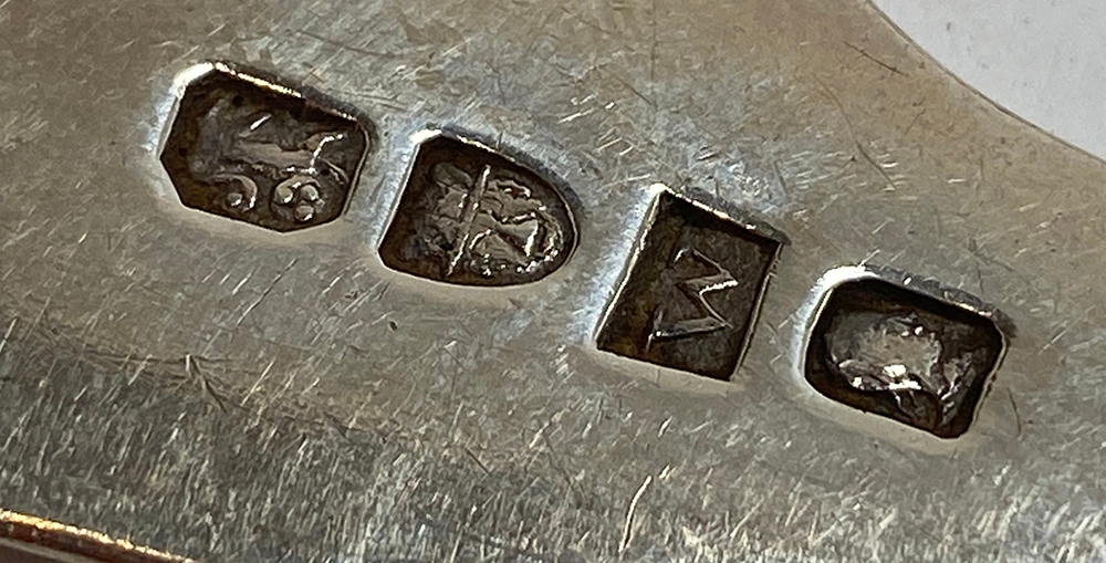 A pair of fiddle pattern white metal spoons with pseudo hallmarks, probably Canadian, 4.8ozt - Image 2 of 3