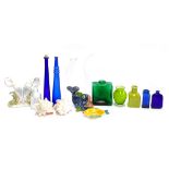 A mixed lot of coloured glass bottles and vases, various ceramics etc