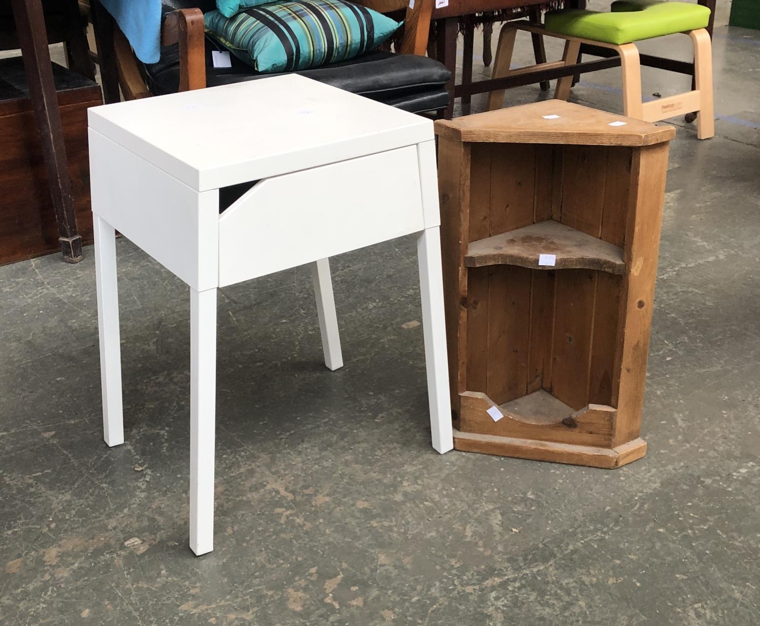 A white metal table with single drawer, together with a pine corner unit