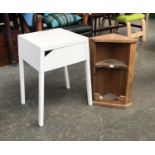 A white metal table with single drawer, together with a pine corner unit