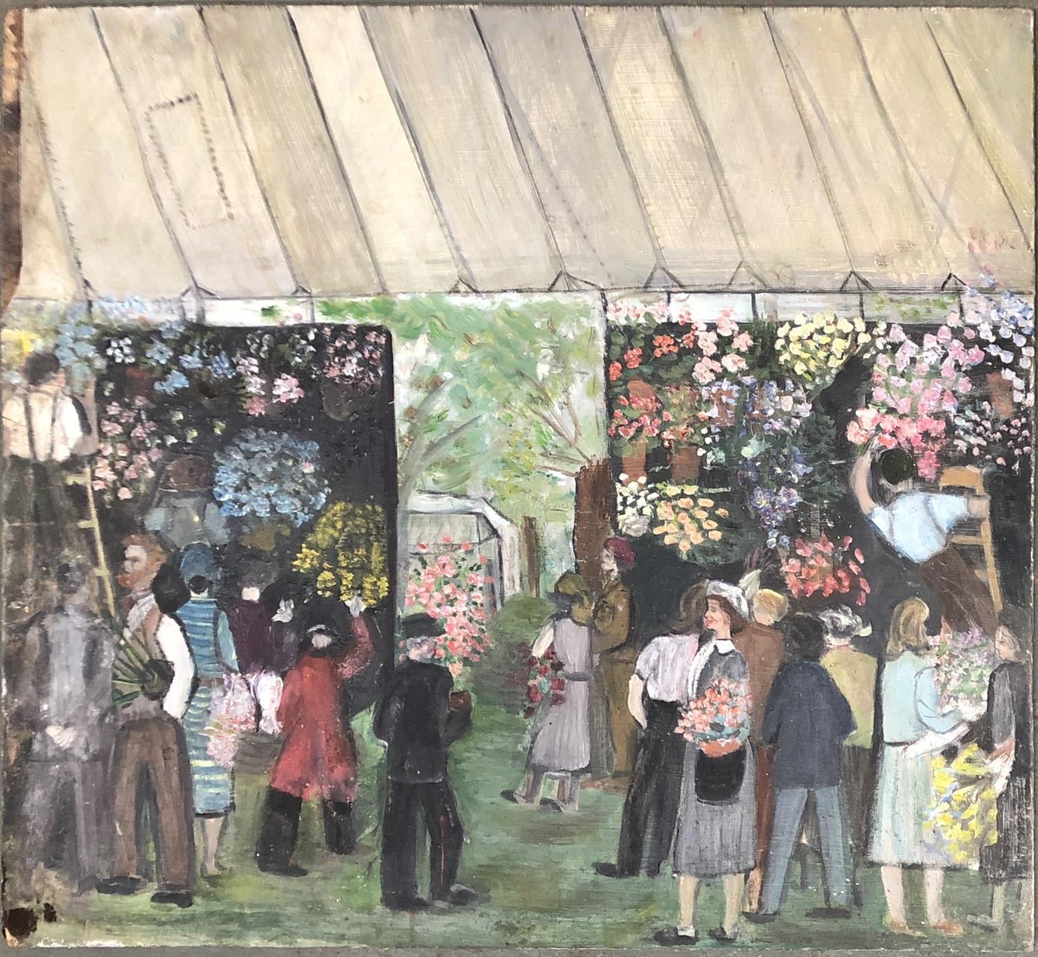 20th century oil on board, flower show in a marquee, 60x66cm