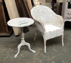 A white painted Lloyd Loom style chair; together with a painted tripod table, 64cmH