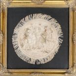 An unusual early 19th century pen and ink cartoon, drawn on a fringed silk roundel, 'Our friend with