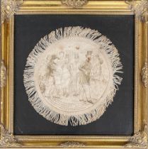 An unusual early 19th century pen and ink cartoon, drawn on a fringed silk roundel, 'Our friend with