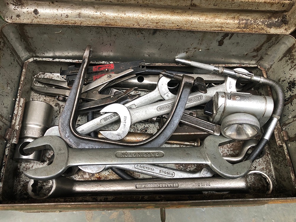 Two vintage green painted tool boxes, containing a quantity of very large spanners, sockets etc - Image 3 of 4