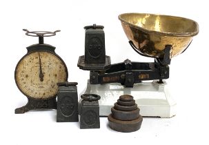 A vintage set of enamel kitchen scales, together with weights to include three GPO, and a further