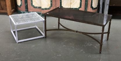 A gilt metal and smoked glass coffee table, 91x46x42cm together with one other glass topped