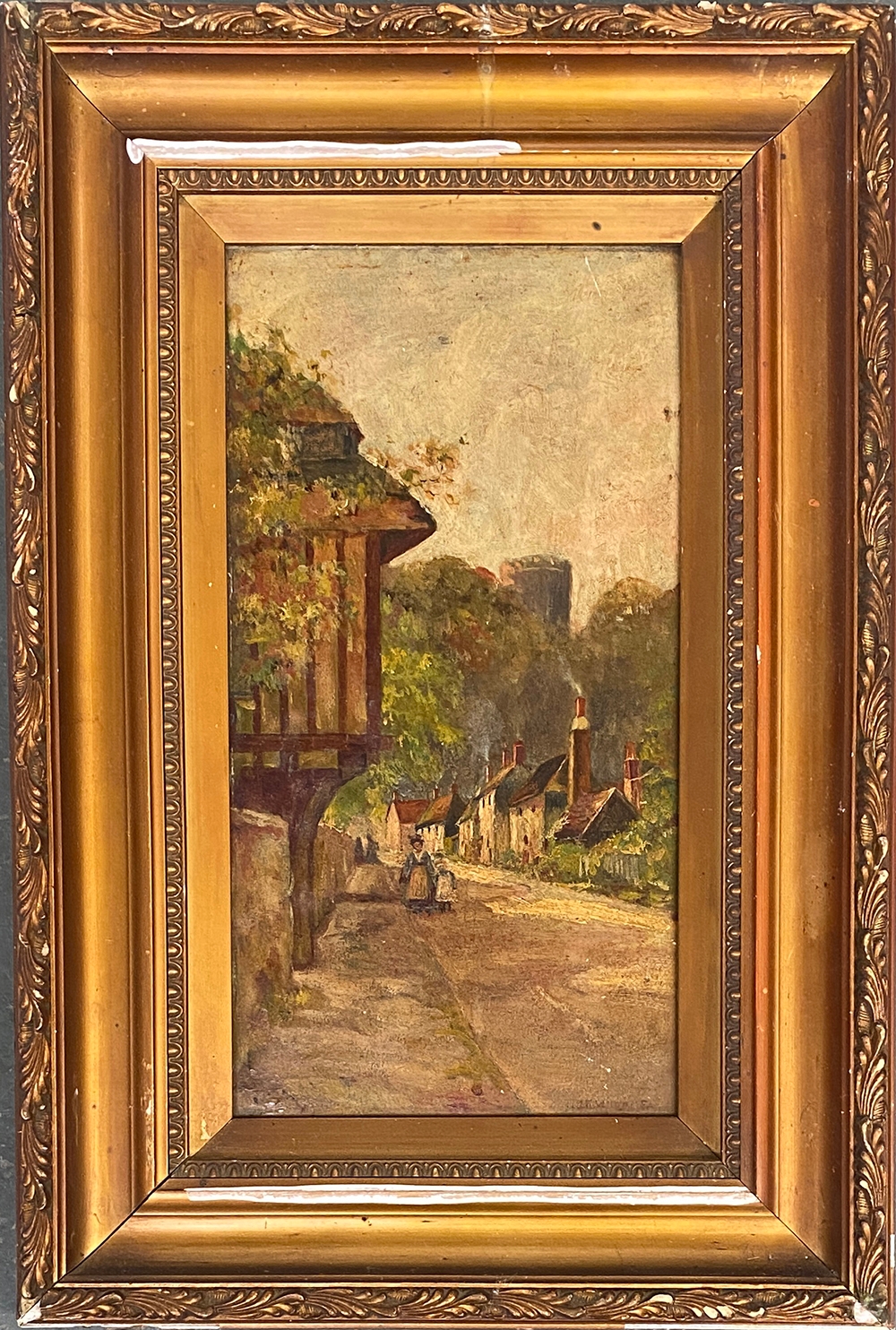 Late 19th/early 20th century oil on board, rural street scene, signed indistinctly lower right,