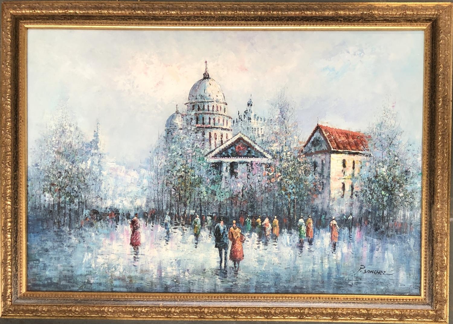 P. Sanchez, oil on canvas, Parisian street scene, signed lower right, 60x91cm