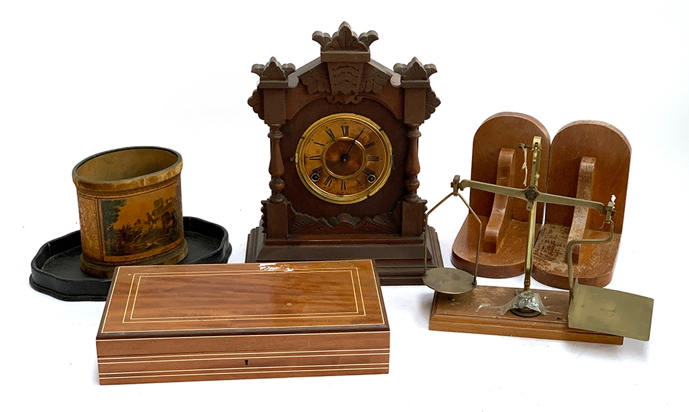 A mixed to include: a Degrave & Co London weighing scale, bookends, mantle clock, a cigar box with